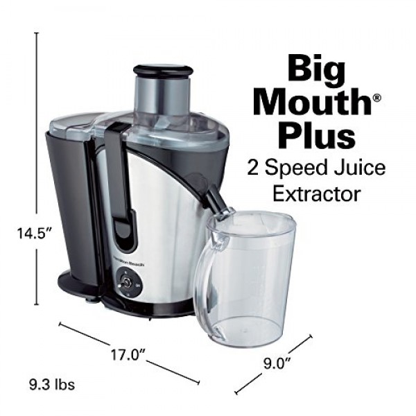 Hamilton Beach Juicer Machine, Centrifugal Extractor Big Mouth 전체 과일 및 야채를 위한 3인치 피드 슈트, 간편한 세척, 2단 속도, 800와트, BPA 무함유, 검정 및 은색(67750): 가정 및 주