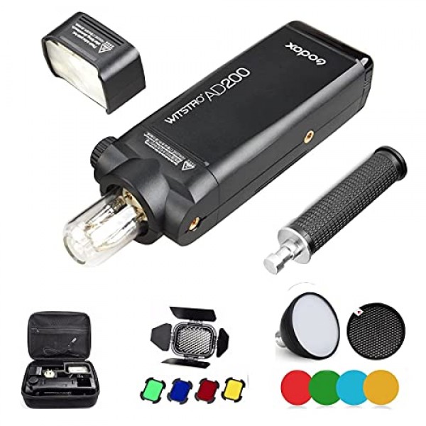Godox AD200 키트 200Ws 2.4G TTL 플래시 스트로브 1/8000 HSS 무선 모노라이트(2900mAh Lithimu 배터리 포함) 및 베어 벌브/스피드라이트 프레넬 플래시 헤드, EACHSHOT 클리닝 천 포함 