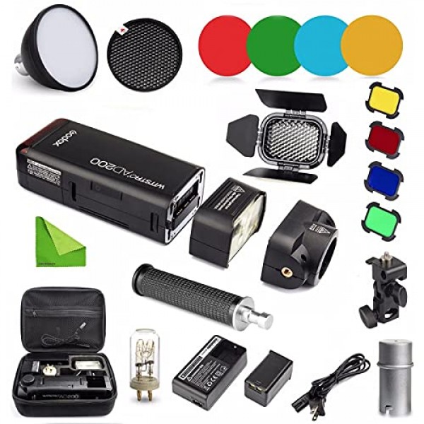 Godox AD200 키트 200Ws 2.4G TTL 플래시 스트로브 1/8000 HSS 무선 모노라이트(2900mAh Lithimu 배터리 포함) 및 베어 벌브/스피드라이트 프레넬 플래시 헤드, EACHSHOT 클리닝 천 포함 