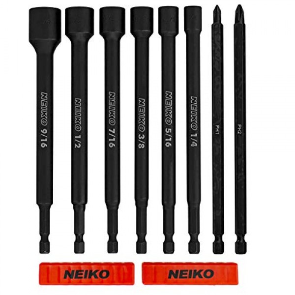 NEIKO 10067A 자기 임팩트 너트 드라이버 및 파워 비트 도구 세트 | 8개 조각, SAE | 6인치 | 생크 너트 드라이버 비트 세터 | 마그네틱 팁 소켓 | 1/4인치 육각 생크