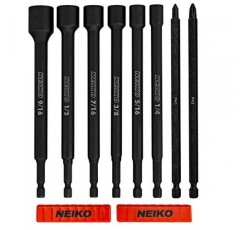 NEIKO 10067A 자기 임팩트 너트 드라이버 및 파워 비트 도구 세트 | 8개 조각, SAE | 6인치 | 생크 너트 드라이버 비트 세터 | 마그네틱 팁 소켓 | 1/4인치 육각 생크
