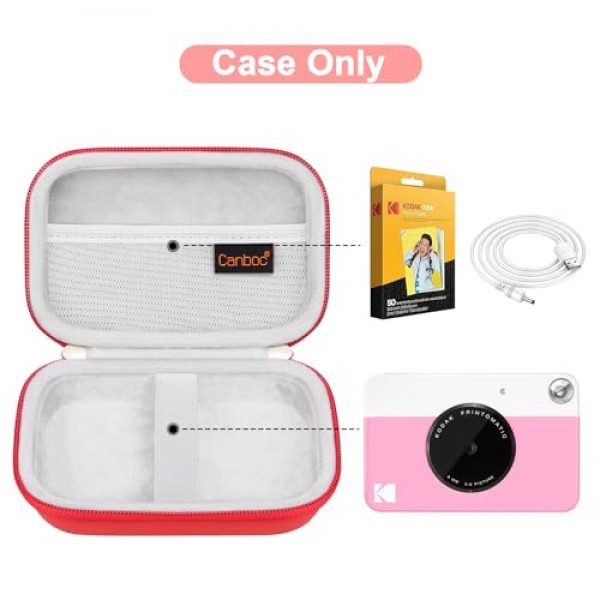 KODAK Printomatic 디지털 즉석 인쇄 카메라용 Canboc 하드 휴대용 케이스, 인화지용 메쉬 백, 케이블, 빨간색