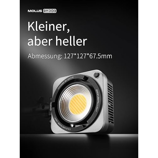 ZHIYUN Molus G200 [공식] 비디오 조명 200W, Bowens 마운트가 있는 COB LED 비디오 조명, 61500Lux / 2700 ~ 6500K / CRI≥95 / TLCI≥97 / 앱 제어, 매우 조용한 비디오/사진의 이중 컬러 스