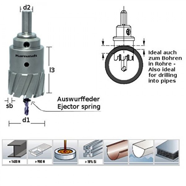 KARNASCH Power-Max 55 초강력 경질 금속 구멍 톱, 43 mm 코드 직경, 55 mm 보드 길이, 13 mm Corte del Vástago 직경, 4 mm 와이드 컷, 8 분할, 1 43 mm 절단 직경, 55 mm 유용한 길이, Vástago