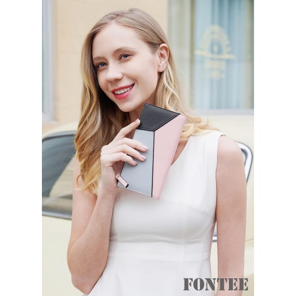Fontee® 지갑 여성용 가죽 - 여러 신용 카드 슬롯과 여성용 지퍼가 달린 휴대폰 포켓이 있는 장 지갑, 기하학적 모자이크, 대조적 스티칭, 세련된 색상 조합