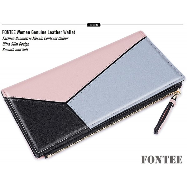 Fontee® 지갑 여성용 가죽 - 여러 신용 카드 슬롯과 여성용 지퍼가 달린 휴대폰 포켓이 있는 장 지갑, 기하학적 모자이크, 대조적 스티칭, 세련된 색상 조합
