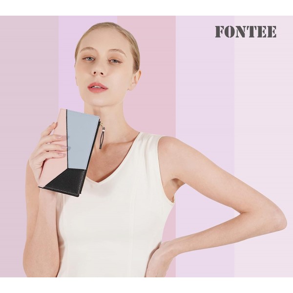 Fontee® 지갑 여성용 가죽 - 여러 신용 카드 슬롯과 여성용 지퍼가 달린 휴대폰 포켓이 있는 장 지갑, 기하학적 모자이크, 대조적 스티칭, 세련된 색상 조합