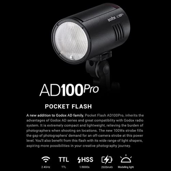 Godox AD100 Pro AD100Pro Godox 플래시, Canon Sony Nikon Fujifilm Fuji Olympus Pentax 카메라, 100Ws 2.4G TTL HSS 1/8000s,7.2V/2600mAh 리튬 이온 배터리, 360 최대 전력 플래시, 0.01-1.5s 재활용 시간