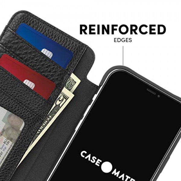 Case-Mate - 튼튼한 가죽 지갑 폴리오 - iPhone 12 및 iPhone 12 Pro(5G)용 케이스 - 카드 4개 + 현금 수납 - 6.1인치 - 블랙