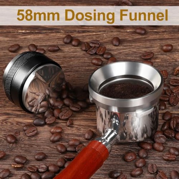 58mm 커피 탬퍼 및 에스프레소 디스트리뷰터, 59mm 스테인레스 스틸 에스프레소 도징 깔때기 세트, 듀얼 헤드 커피 레벨러, 59mm Breville Portafilter에 적합, 조절 가능한 깊이