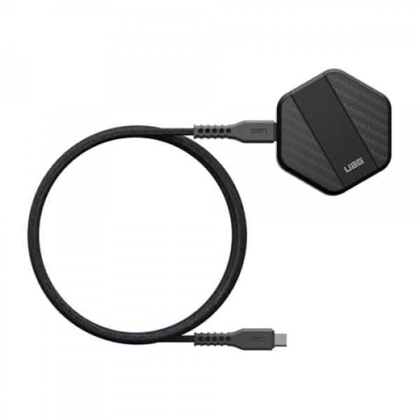 URBAN ARMOR GEAR UAG 무선 충전 패드 및 킥스탠드, MagSafe 케이스와 호환 가능, 4피트 분리형 견고한 USB-C-USB-C 케이블, 검정색/탄소 섬유로 15W 고속 충전