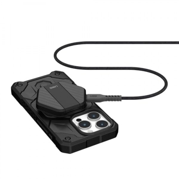 URBAN ARMOR GEAR UAG 무선 충전 패드 및 킥스탠드, MagSafe 케이스와 호환 가능, 4피트 분리형 견고한 USB-C-USB-C 케이블, 검정색/탄소 섬유로 15W 고속 충전