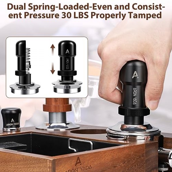 에스프레소 탬퍼 51mm - 30LB 실리콘 매트가 포함된 자동 보정 커피 탬퍼, Delonghi 시리즈 및 기타 51mm 포터필터에 맞는 2개의 스프링 100% 스테인레스 스틸 플랫 베이스가 