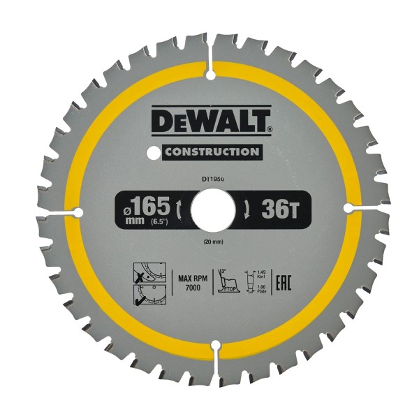 무선 휴대용 원형 톱 DT1950용 Dewalt Construction 원형 톱날(165/20mm 36WZ, 20° 톱니 각도, 1.5mm 절단 폭, 미세 절단 및 알루미늄용, 못이 있는 목재 톱질용 네일 터프 포함)