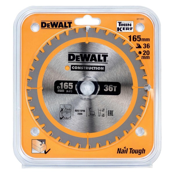 무선 휴대용 원형 톱 DT1950용 Dewalt Construction 원형 톱날(165/20mm 36WZ, 20° 톱니 각도, 1.5mm 절단 폭, 미세 절단 및 알루미늄용, 못이 있는 목재 톱질용 네일 터프 포함)