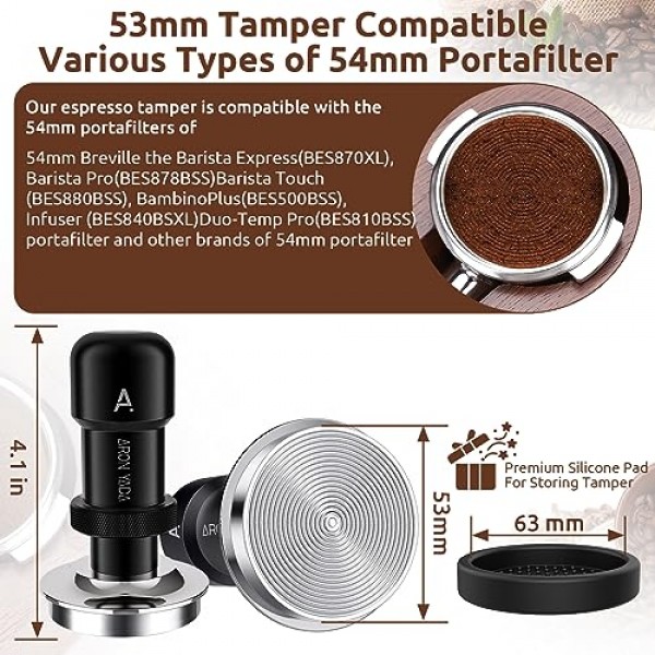 53mm 에스프레소 탬퍼는 54mm Breville 시리즈 포터필터 바구니, 실리콘 매트가 있는 커피 탬퍼, 듀얼 스프링이 있는 30LB 자동 보정 탬퍼, 100% 스테인레스 스틸 플랫 베이스