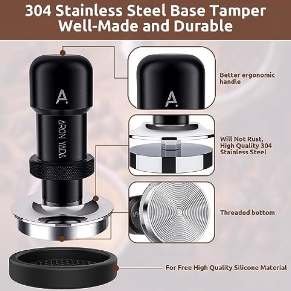 53mm 에스프레소 탬퍼는 54mm Breville 시리즈 포터필터 바구니, 실리콘 매트가 있는 커피 탬퍼, 듀얼 스프링이 있는 30LB 자동 보정 탬퍼, 100% 스테인레스 스틸 플랫 베이스