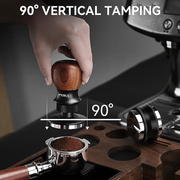 에스프레소 탬퍼 53.3mm, MORILS 호두나무 커피 탬퍼, 깊이 조절 가능, 스테인리스 스틸 베이스, 모든 53.3mm 54mm 포터필터에 적합, 에스프레소 액세서리