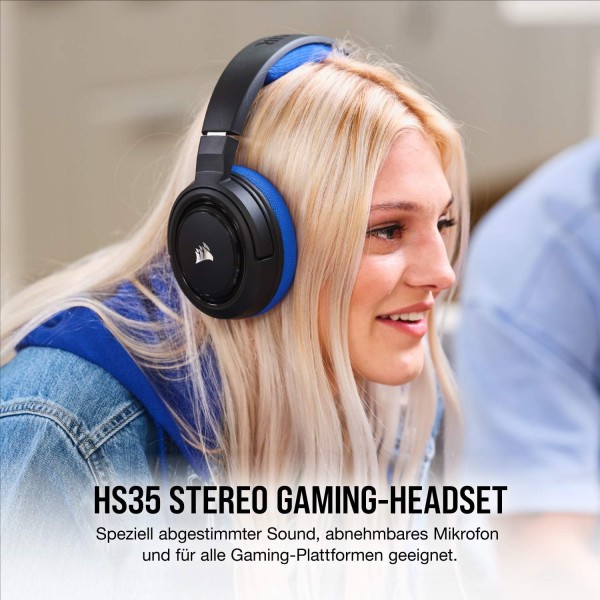 Corsair HS35 스테레오 게임용 헤드셋(50mm 네오디뮴 스피커, 탈착식 단방향 마이크, 깃털처럼 가벼운 디자인, Xbox One, PS4, Nintendo Switch 및 모바일 장치용) 파란색