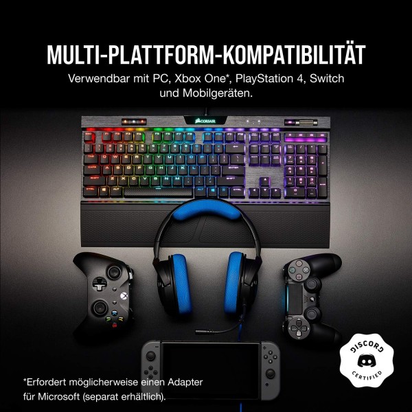 Corsair HS35 스테레오 게임용 헤드셋(50mm 네오디뮴 스피커, 탈착식 단방향 마이크, 깃털처럼 가벼운 디자인, Xbox One, PS4, Nintendo Switch 및 모바일 장치용) 파란색