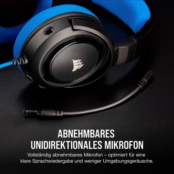 Corsair HS35 스테레오 게임용 헤드셋(50mm 네오디뮴 스피커, 탈착식 단방향 마이크, 깃털처럼 가벼운 디자인, Xbox One, PS4, Nintendo Switch 및 모바일 장치용) 파란색