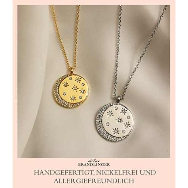 Brandlinger ® 별과 큐빅 지르코니아 펜던트 문 체인이 있는 여성용 목걸이 스톤 주얼리 여성용 18 캐럿 금 도금 실버 및 골드 여성용 및 여아 사이즈 펜던트 체인 18 mm, 골