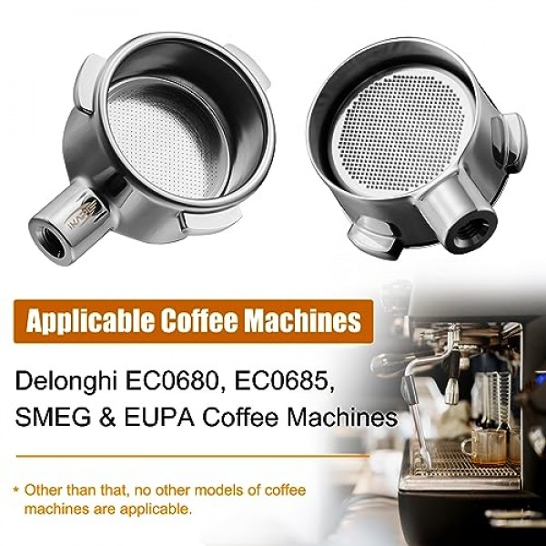 IKAPE 커피 제품, 51mm Delonghi EC0680, EC0685, SMEG 및 EUPA 커피 머신과 호환되는 51mm 바닥 없는 네이키드 포터필터(14g 용량 필터 바구니 포함)(다채로운)