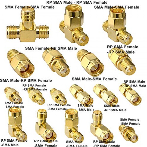 SMA 커넥터 키트 18 유형 SMA RP-SMA 어댑터 90° 및 직선 플러그 및 잭 SMA 커넥터 라디오 FPV 안테나용 금도금 황동 RF 동축 연결 세트 Baofeng Yaesu IP 카메라 프로젝트