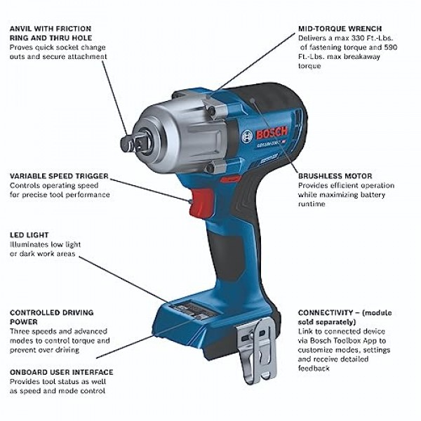 BOSCH GDS18V-330CN 18V 브러시리스 연결 가능 1/2인치 마찰 링과 스루홀이 있는 중간 토크 임팩트 렌치(기본 공구)