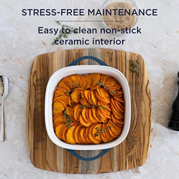 CorningWare, 뚜껑이 있는 붙지 않는 3.2쿼트 QuickHeat 로스터, 경량 로스터, 고른 열 요리를 위한 세라믹 붙지 않는 내부 코팅, 프랑스 해군