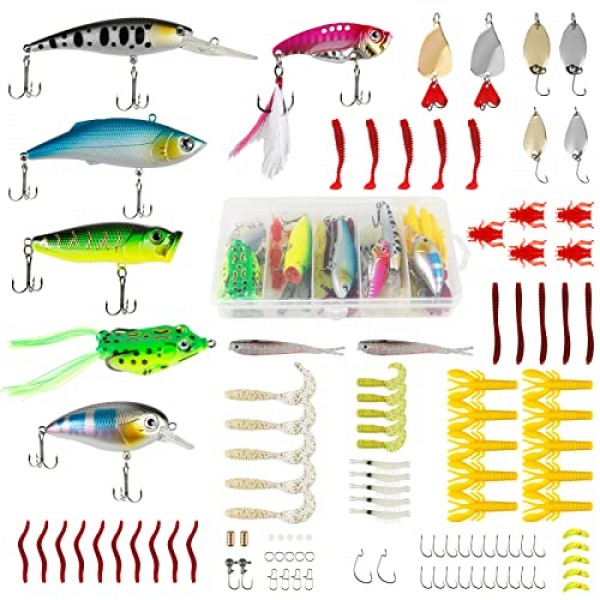 XiYee 109 조각 낚시 미끼 세트 Wobbler Spinner Baits 낚시 숟가락 Topwater Frog Swimbaits 고무 벌레 장치 낚시 후크를 포함한 낚시 상자 포함