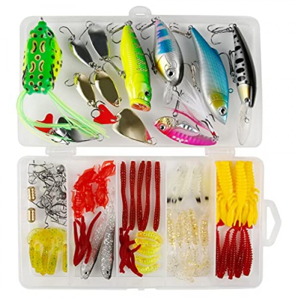 XiYee 109 조각 낚시 미끼 세트 Wobbler Spinner Baits 낚시 숟가락 Topwater Frog Swimbaits 고무 벌레 장치 낚시 후크를 포함한 낚시 상자 포함