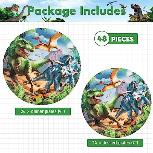 DECORLIFE 공룡 접시는 24, 9'' 저녁 식사 접시 및 7'' 디저트 접시 세트, 소년을 위한 공룡 생일 파티 장식 용품, 48개를 제공합니다.