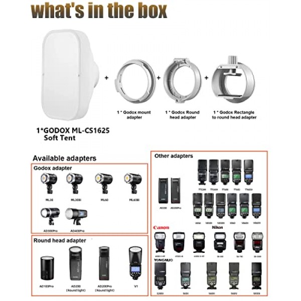 Godox ML-CS1625 접이식 소프트박스 확산 돔 플래시 디퓨저 수정자(godox V1용 어댑터 3개 포함) AD100PRO AD200PRO V860III V860II V850II TT685II TT685 TT600 TT560II TT520II TT660S AD300PRO