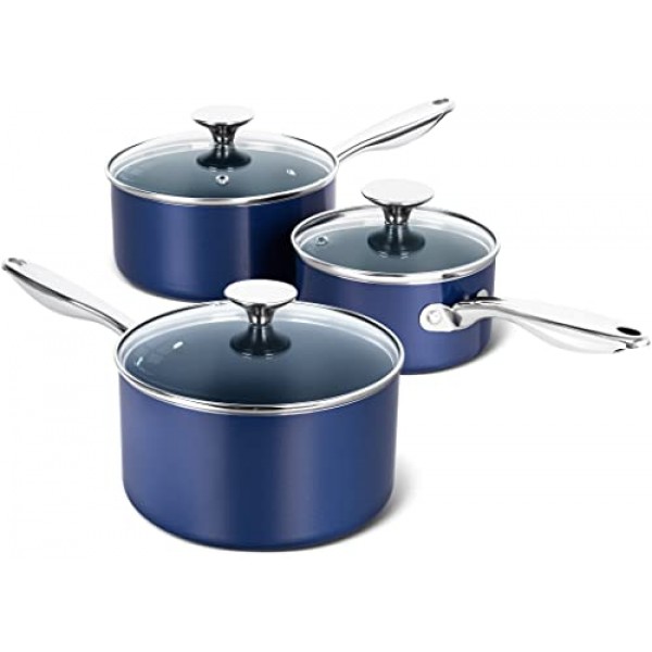 MICHELANGELO 붙지 않는 소스 팬, 뚜껑이 있는 세라믹 소스팬, 1Qt 및 2Qt 및 3Qt 소스 팬 세트, 뚜껑이 있는 붙지 않는 소스 팬, 스테인레스 스틸 손잡이가 있는 작은 냄비, 오
