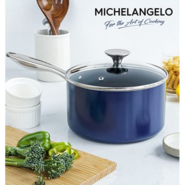 MICHELANGELO 붙지 않는 소스 팬, 뚜껑이 있는 세라믹 소스팬, 1Qt 및 2Qt 및 3Qt 소스 팬 세트, 뚜껑이 있는 붙지 않는 소스 팬, 스테인레스 스틸 손잡이가 있는 작은 냄비, 오