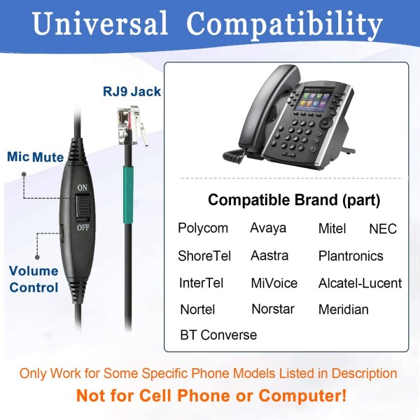 Polycom VVX310 VVX410 VVX411 Mitel 5220 5312 5320 AVAYA 1408 1416 9508 Shoretel NEC BT Converse 2300 유선 데스크용 마이크 소음 차단 전화 헤드셋이 있는 RJ9 전화 헤드셋