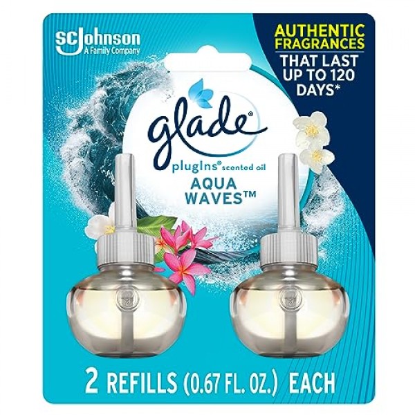 Glade 플러그인 리필용 공기 청정제, 가정 및 욕실용 향 및 에센셜 오일, 아쿠아 웨이브, 1.34 Fl Oz, 2개