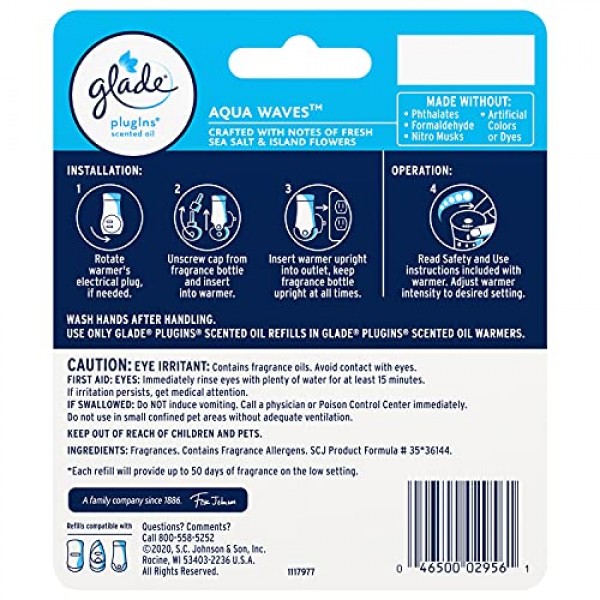 Glade 플러그인 리필용 공기 청정제, 가정 및 욕실용 향 및 에센셜 오일, 아쿠아 웨이브, 1.34 Fl Oz, 2개