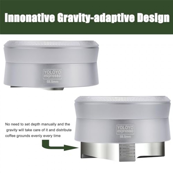 YOLOYO 51mm 커피 중력 분배기, 중력 적응형 에스프레소 분배기는 모든 51mm 에스프레소 포터필터에 적합, 100% 스테인레스 스틸 베이스가 있는 셀프 레벨링 에스프레소 레