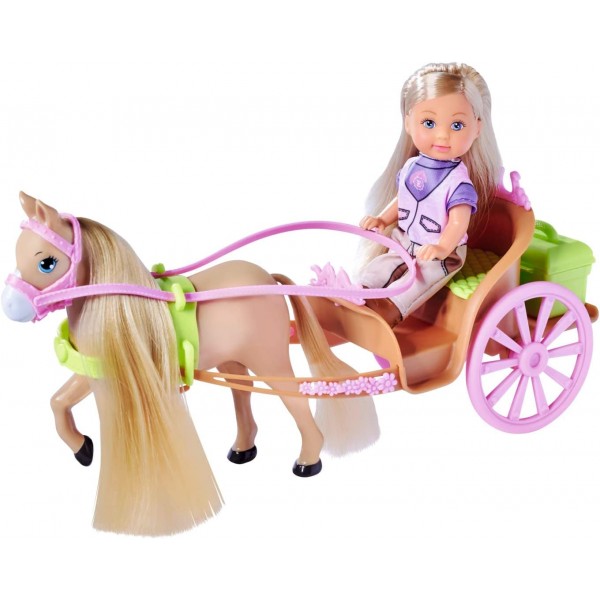 Simba 105733649 Evi Love Horse Carriage, 놀이 인형은 말, 액세서리, 마차의 비밀 구획, 28cm, 3년, 여러 가지 색상으로 마차에 앉아 있습니다.