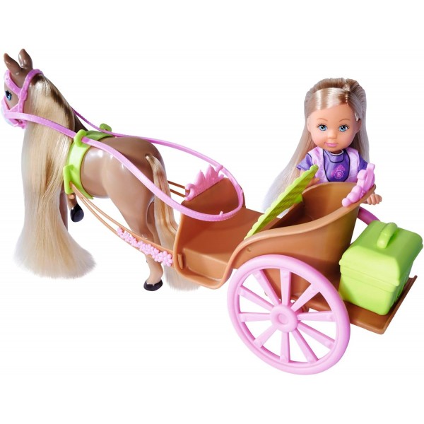 Simba 105733649 Evi Love Horse Carriage, 놀이 인형은 말, 액세서리, 마차의 비밀 구획, 28cm, 3년, 여러 가지 색상으로 마차에 앉아 있습니다.