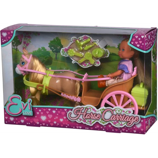 Simba 105733649 Evi Love Horse Carriage, 놀이 인형은 말, 액세서리, 마차의 비밀 구획, 28cm, 3년, 여러 가지 색상으로 마차에 앉아 있습니다.