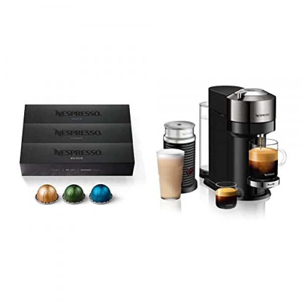 Nespresso Vertuo Next 디럭스 커피 및 에스프레소 메이커, 에어로치노 우유 거품기 캡슐이 포함된 퓨어 크롬 VertuoLine, 미디엄 및 다크 로스트 커피, 버라이어티 팩(30개)