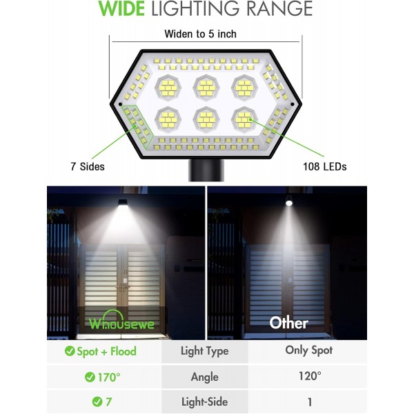 태양광 스포트라이트 야외 정원, Whousewe 108 LEDs 태양광 풍경 스포트라이트, 4가지 밝은 모드 조절 가능한 Ip65 방수 Solarlights for Pathway Fence Yard Driveway Porch Patio 2 Pack Black(c