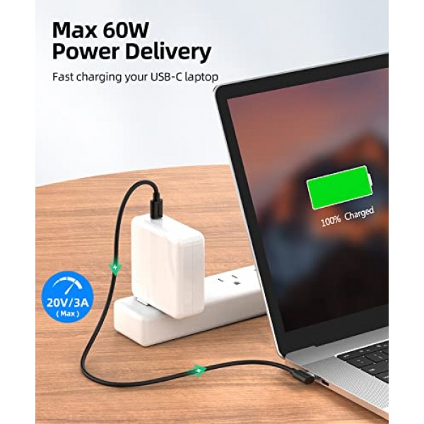 SUNGUY USB C - USB C 케이블 1FT [2Pack], 직각 90도 유형 C - C 60W PD 고속 충전 삼성 Galaxy S21 S20 S10, MacBook Air/Pro, iPad Pro 2020, Pixel 4/3 XL과 ​​호환 가능