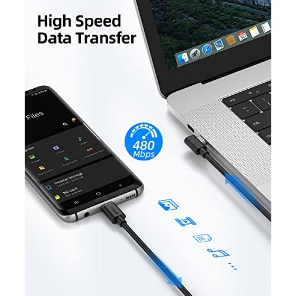 SUNGUY USB C - USB C 케이블 1FT [2Pack], 직각 90도 유형 C - C 60W PD 고속 충전 삼성 Galaxy S21 S20 S10, MacBook Air/Pro, iPad Pro 2020, Pixel 4/3 XL과 ​​호환 가능