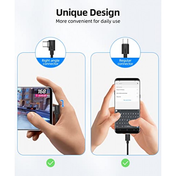 SUNGUY USB C - USB C 케이블 1FT [2Pack], 직각 90도 유형 C - C 60W PD 고속 충전 삼성 Galaxy S21 S20 S10, MacBook Air/Pro, iPad Pro 2020, Pixel 4/3 XL과 ​​호환 가능