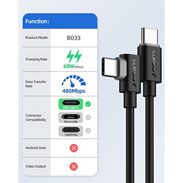 SUNGUY USB C - USB C 케이블 1FT [2Pack], 직각 90도 유형 C - C 60W PD 고속 충전 삼성 Galaxy S21 S20 S10, MacBook Air/Pro, iPad Pro 2020, Pixel 4/3 XL과 ​​호환 가능