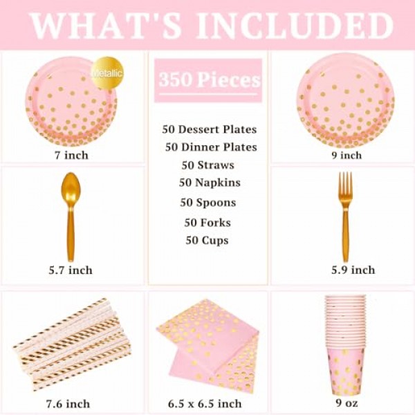 DECORLIFE 350PCS 핑크 접시와 냅킨 파티 용품 50인분, 핑크와 골드 접시, 빨대, 소녀 베이비 샤워, 졸업, 생일, 신부 샤워, 결혼식을 위한 컵 포함